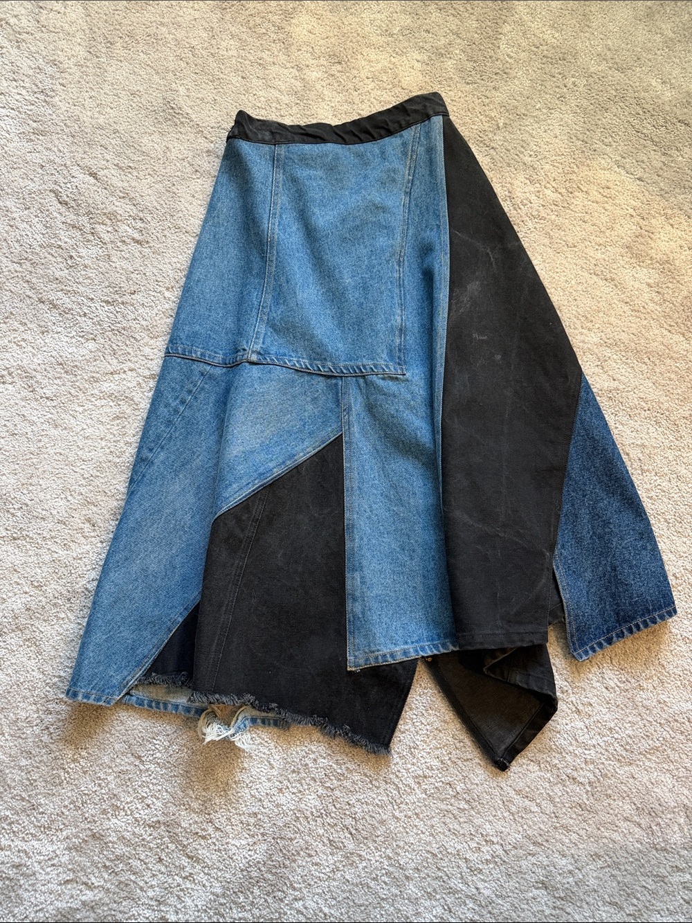 Patchwork Two-Tone Denim and Black Midi destressed skirt